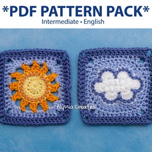 Sun and Cloud Granny Square Crochet PDF PATTERN Pack (English)