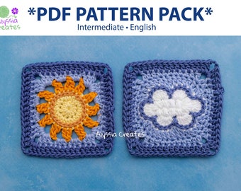 Sun and Cloud Granny Square Crochet PDF PATTERN Pack (English)