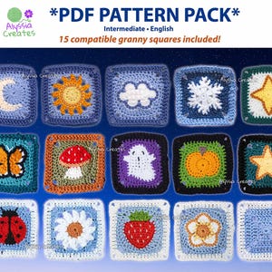 May include: A collection of 15 crochet granny squares with various designs, including a moon, sun, cloud, snowflake, star, butterfly, mushroom, ghost, pumpkin, ladybug, daisy, strawberry, and flower. The text "*PDF PATTERN PACK*" is at the top.