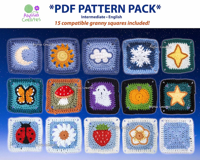 Crochet Whimsical Granny Squares PDF PATTERN PACK (15 Compatible ...