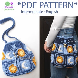 Sun and Moon Drawstring Crossbody Bag Crochet PDF PATTERN - Intermediate (English)