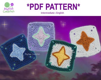 May include: Four crochet squares with different colored stars in the center. The squares are purple, blue, white, and green. The text *PDF PATTERN* is at the top of the image. The text *Intermediate - English* is below the text *PDF PATTERN*. The text *Alyssa Creates* is in the bottom left corner of the image.