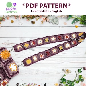 Pode incluir: Uma alça de crochê e peças quadradas combinando em tons de roxo, amarelo e branco. A alça apresenta várias formas de crochê, incluindo uma estrela, uma borboleta e uma flor. O texto "*PDF PATTERN* Intermediate • English" é visível.