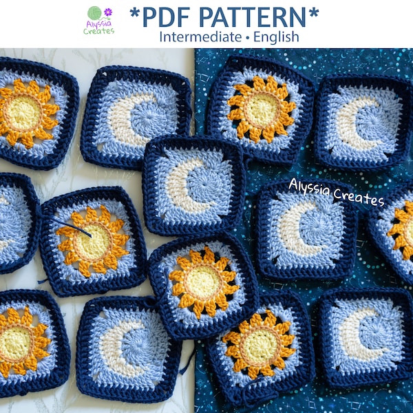 Sun and Moon Granny Square Crochet PDF PATTERN (English)