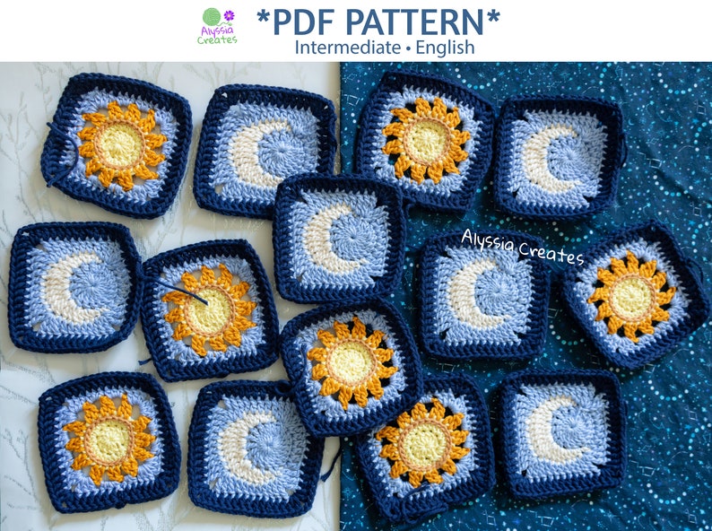 Sun and Moon Granny Square Crochet PDF PATTERN English image 1
