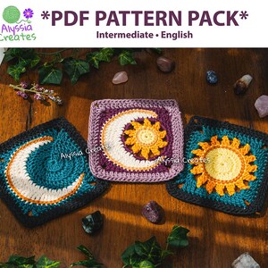 May include: Three square crochet motifs featuring celestial designs. One displays a white crescent moon on a teal background, another a yellow sun and white moon on purple, and the third a yellow sun on teal. Text reads PDF PATTERN PACK.