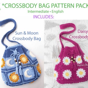 Daisy & Sun/Moon Drawstring Crossbody Bag Crochet PDF PATTERN PACK - Intermediate (English)