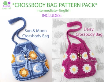 Daisy & Sun/Moon Drawstring Crossbody Bag Crochet PDF PATTERN PACK - Intermediate (English)