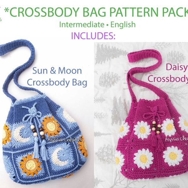 Daisy & Sun/Moon Drawstring Crossbody Bag Crochet PDF PATTERN PACK - Intermédiaire (Anglais)