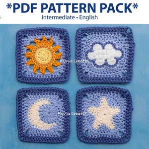 May include: Four crochet squares with different designs: a sun, a cloud, a crescent moon, and a star. The squares are blue with white and yellow accents. The text "*PDF PATTERN PACK* Intermediate - English" is at the top of the image.