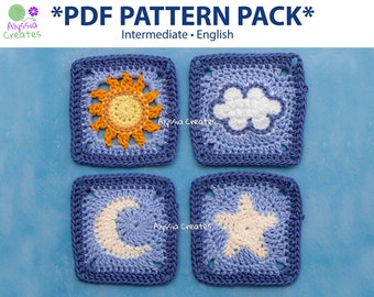 Paquete de patrones PDF de crochet del cuadrado de la abuela Sol, Luna, Nube y Estrella (Inglés)