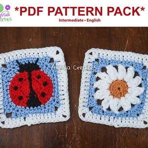 May include: Two crocheted square patterns, one with a red ladybug design and the other with a white daisy. The squares are bordered in white, with blue and white accents. The text "*PDF PATTERN PACK*" is at the top.