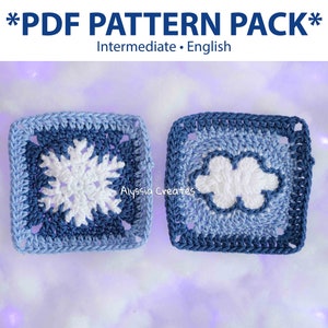 May include: Two crochet squares with blue and white yarn. The first square features a snowflake design, and the second square features a cloud design. The text "*PDF PATTERN PACK*" is at the top of the image. The text "Intermediate • English" is below the title.