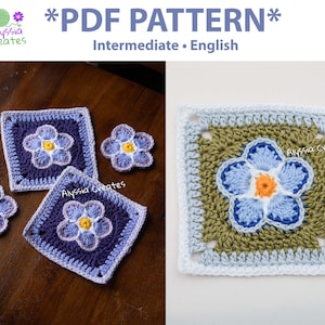 Forget Me Not Flower Granny Square Crochet PDF PATTERN - Intermediate (English)