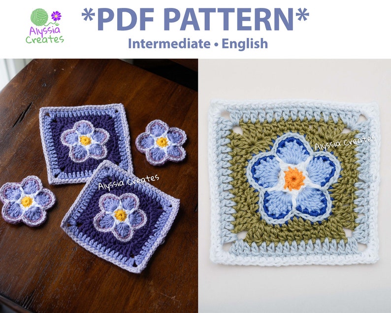 Crochet forget me not flower granny square pdf pattern