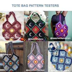 May include: A collection of six crocheted tote bags in various colors, including purple, pink, blue, green, and brown. Each bag features a repeating pattern of suns and moons. The bags are displayed on a wooden background with the Instagram handles of the crocheters.