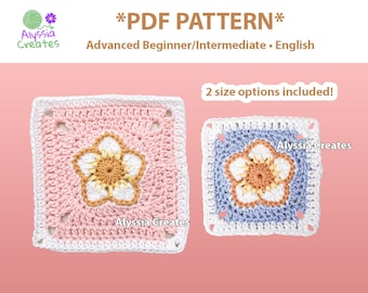 Puede incluir: Dos cuadrados de crochet con forma de flor, uno rosa y otro azul, con bordes blancos. Los cuadrados presentan un diseño de flor de cinco pétalos en el centro. El texto "Alyssia Creates" aparece en ambos cuadrados. El texto "*PDF PATTERN*" y "Advanced Beginner/Intermediate. English" aparece en la parte superior de la imagen. El texto "2 size options included!" aparece en la parte media de la imagen.