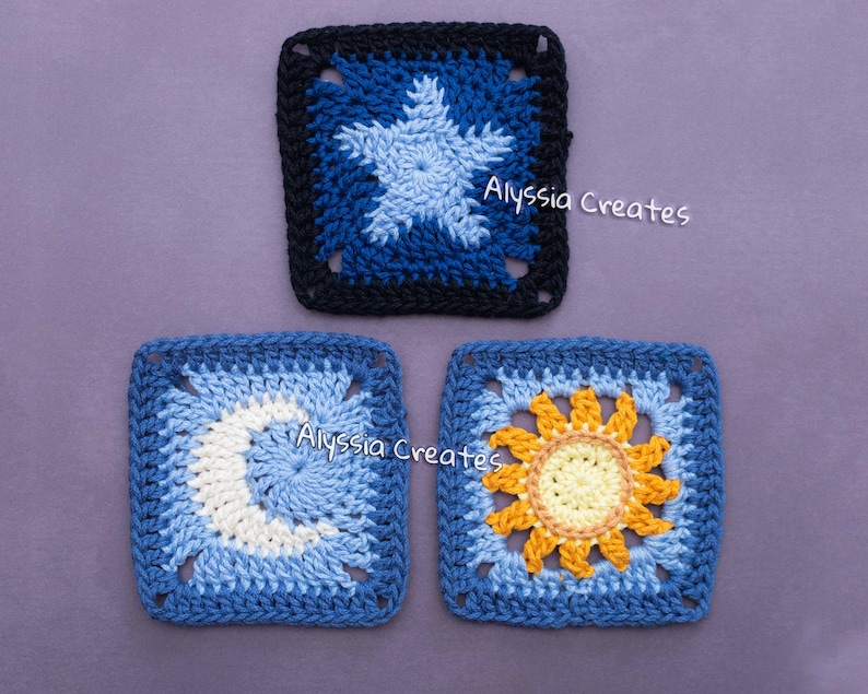 Sun, Moon and Star Granny Square Crochet PDF PATTERN Pack English image 3