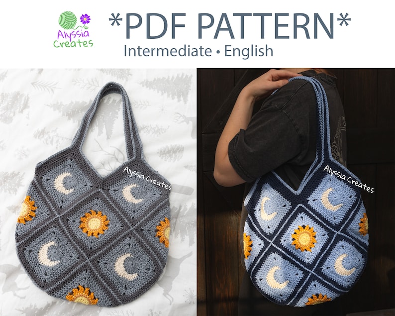 May include: A crochet tote bag with a moon and sun pattern in shades of blue, gray, white, and yellow. The bag has two straps and is shown being worn by a person.