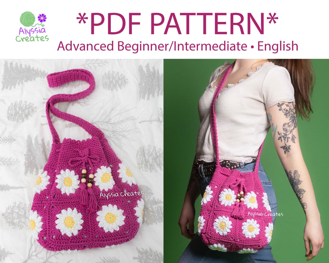 Daisy Crossbody Drawstring Bag Crochet PDF PATTERN Advanced Beginner