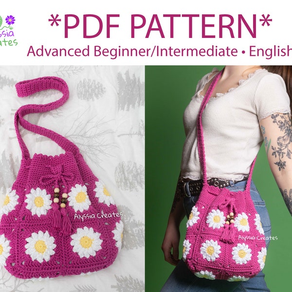 Daisy Crossbody Drawstring Bag Crochet PDF PATTERN - Advanced Beginner/Intermediate (English)