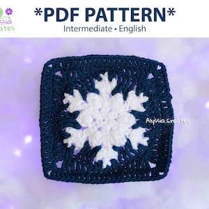 May include: A crochet snowflake square pattern in blue and white. The pattern is called "*PDF PATTERN* Intermediate - English".