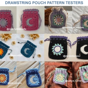 May include: A collection of crocheted drawstring pouches with different color combinations and designs featuring a sun and moon motif. The pouches are made with a variety of colors including purple, pink, teal, blue, black, and green. The pouches are displayed on a variety of surfaces including a white blanket, a brown rug, and a white and brown patterned fabric.
