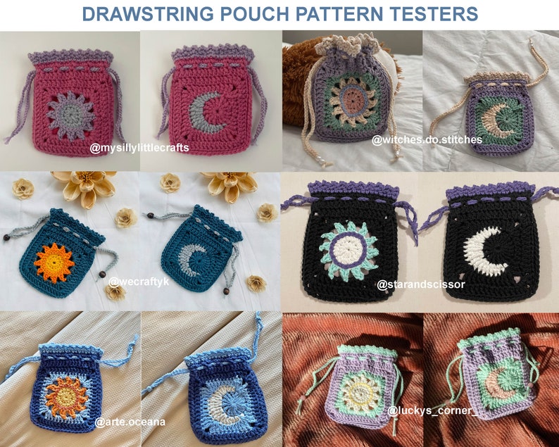 May include: A collection of crocheted drawstring pouches with different color combinations and designs featuring a sun and moon motif. The pouches are made with a variety of colors including purple, pink, teal, blue, black, and green. The pouches are displayed on a variety of surfaces including a white blanket, a brown rug, and a white and brown patterned fabric.