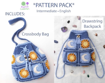 PDF PATTERN PACK - Crochet Sun & Moon Drawstring Backpack and Crossbody Bag - Intermediate (English)