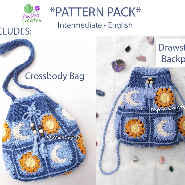 PDF PATTERN PACK - Crochet Sun & Moon Drawstring Backpack and Crossbody Bag - Intermediate (English)