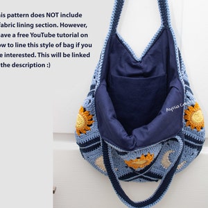 May include: A blue and yellow crocheted tote bag with a blue fabric lining. The bag has a sunflower design and the text "Alyssia Creates" is visible on the lining.