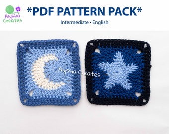 Moon and Star Granny Square Crochet PDF PATTERN Pack (English)