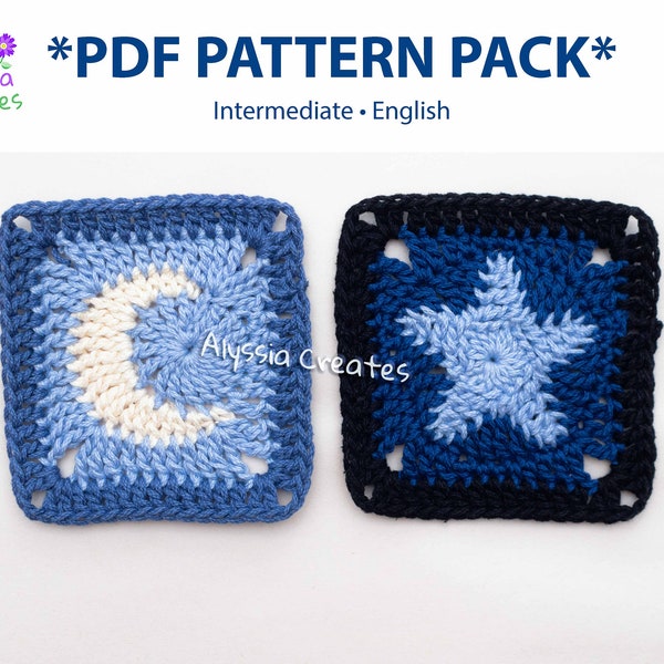 Moon and Star Granny Square Crochet PDF PATTERN Pack (English)