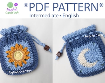 Sun and Moon Drawstring Pouch Crochet PDF PATTERN - Intermediate (English)