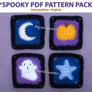 Spooky Crochet Granny Square PDF Pattern Pack - Ghost - Pumpkin - Moon - Star (English)