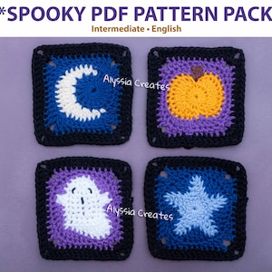 Spooky gehaakt oma vierkant pdf-patroonpakket - spook - pompoen - maan - ster (Engels)