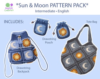 Sun and Moon Crochet PDF PATTERN PACK - includes: drawstring backpack, drawstring pouch and tote bag - Intermediate (English)