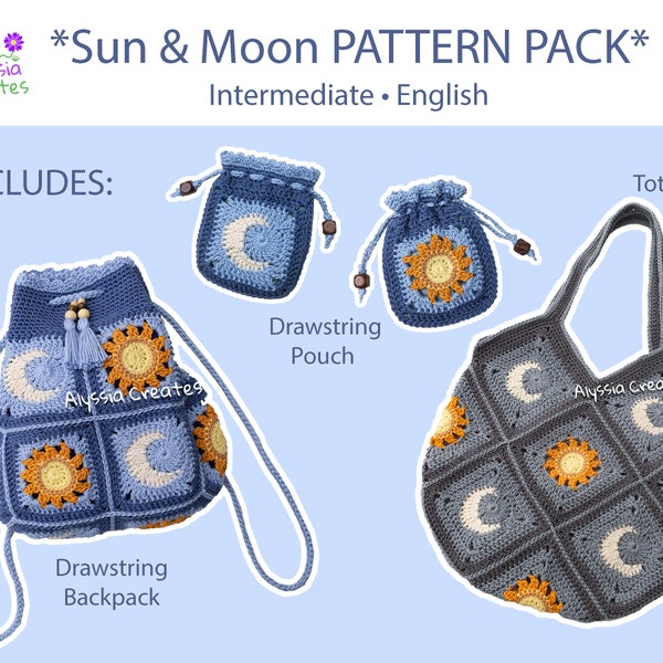 PACK DE MODÈLES PDF au crochet Soleil et Lune - comprend: sac à dos à cordon, pochette à cordon et sac fourre-tout - Intermédiaire (Anglais)