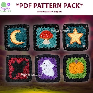 May include: A PDF pattern pack by Alyssia Creates featuring six crochet granny squares with motifs including a yellow crescent moon, a red mushroom, a yellow star, a black bat, a white ghost, and an orange pumpkin, all bordered in black.