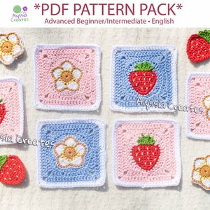 Strawberry Themed Granny Squares Crochet PDF PATTERN PACK English image 1