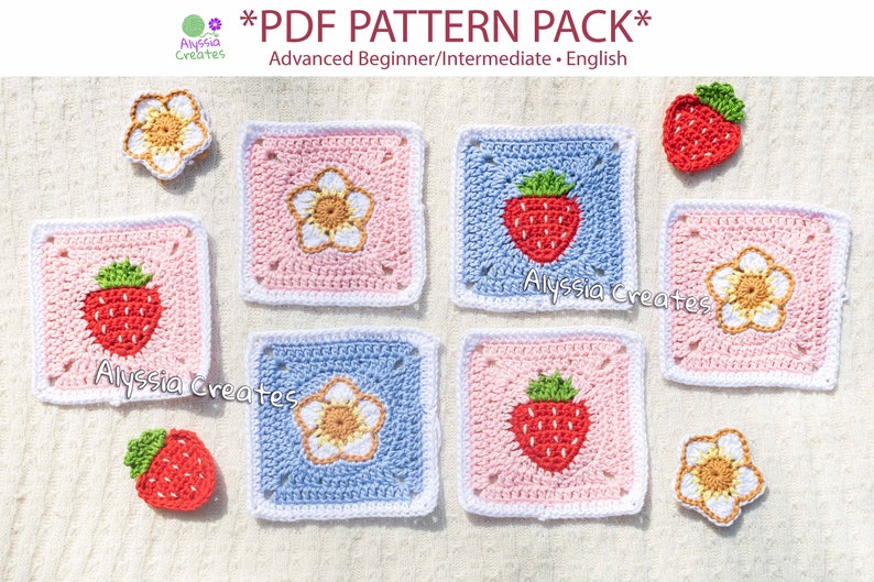 Strawberry Themed Granny Squares Crochet PDF PATTERN PACK English image 1