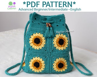 Sac à Dos à Cordon Tournesol Patron PDF au Crochet (Anglais)