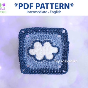 Peut inclure: Un motif de crochet carré avec un motif de nuage blanc sur un fond dégradé bleu. Le motif est intitulé "*PDF PATTERN* Intermédiaire - Anglais".
