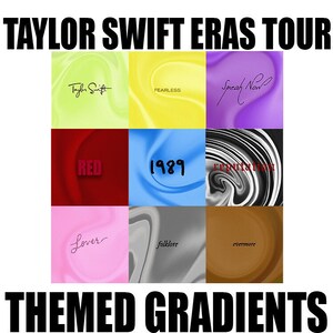 May include: A grid of nine squares with different colored gradients, each representing a different album from Taylor Swift's career. The albums are: Taylor Swift, Fearless, Speak Now, Red, 1989, Reputation, Lover, folklore, and evermore.