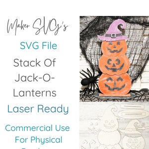 May include: A digital download SVG file for a stack of three jack-o-lantern pumpkins with a witch's hat on top. The file is laser ready and for commercial use for physical products.