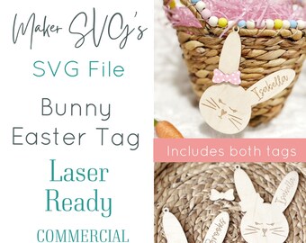 Archivo SVG láser de etiqueta de conejito de Pascua: Etiqueta de cesta personalizada (descarga digital)