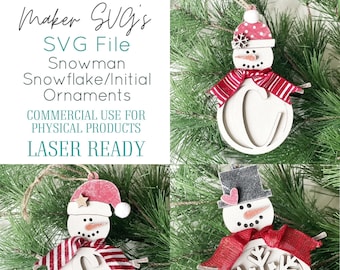 Snowman Ornament SVG: Snowflake & Initial Laser Cut File (Digital Download)