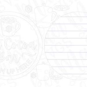 May include: Black and white line art design of a hot cocoa bar sign with a mug of hot cocoa, snowflakes, and the text "Hot Cocoa Bar Warm Up Here".