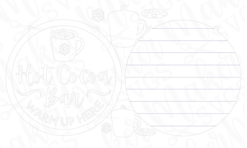 May include: Black and white line art design of a hot cocoa bar sign with a mug of hot cocoa, snowflakes, and the text "Hot Cocoa Bar Warm Up Here".
