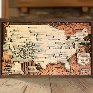 May include: A wooden map of the United States with pins marking national monuments. The map is framed in dark brown wood and features laser-cut details of landmarks and the text "National Monuments" and "Stallard Family".